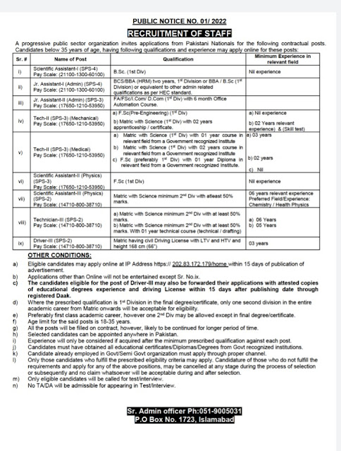 Pakistan Atomic Energy Commission Jobs Po box 1723 Islamabad