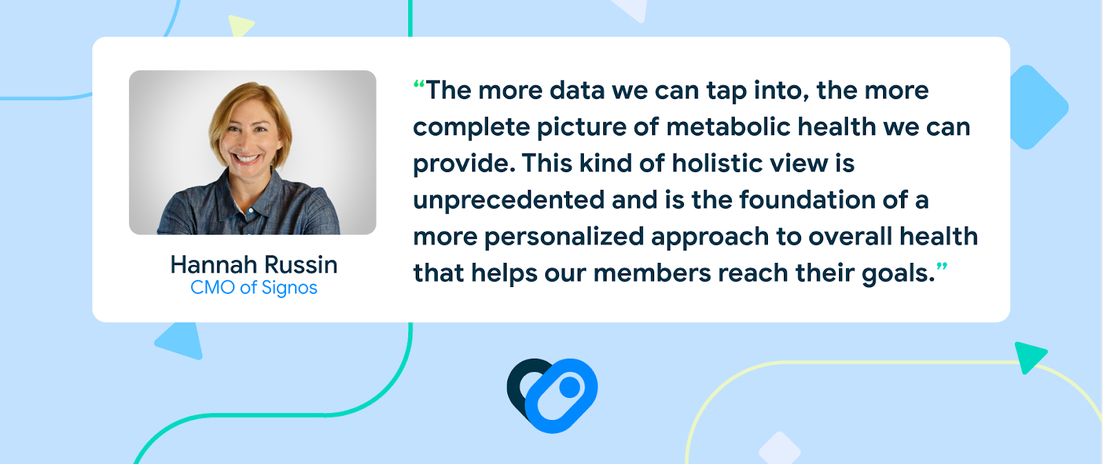 'The more data we can tap into, the more complete a picture of metabolic health we can provide. This kind of holistic view is unprecedented and is the foundation of a more personalized approach to overall health that helps our members reach their goals.' — Hannah Russin, CMO of Signos.