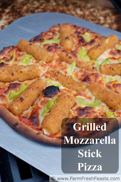 This pizza has mozzarella sticks and pickled peppers for a gooey cheesy pie with a bit of a kick. Throw a few handy toppings on a pizza, then throw it on the grill for a fast, easy, and cheesy meal.