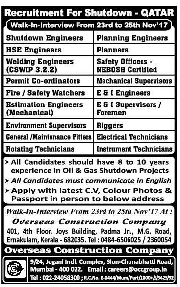 Large job opportunities for Shut Down projects in Qatar