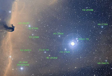 Sigma Orionis star cluster along with the Horsehead Nebula in visible light