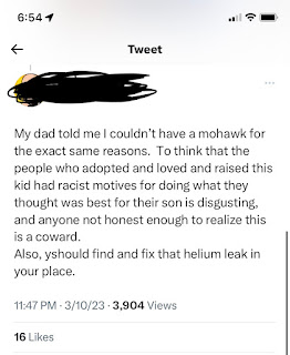 A Tweet that says: "My dad told me I couldn't have a mohawk for the exact same reasons. To think that the people who adopted and loved and raised this kid had racist motives for doing what they thought was best for their son is disgusting, and anyone not honest enough to realize this is a coward."