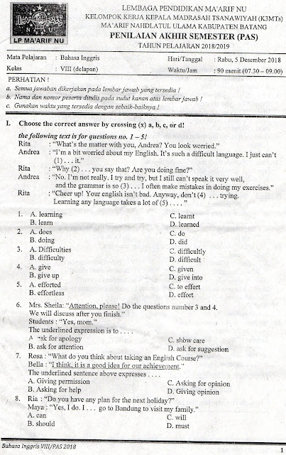  yang sudah mengimplementasikan Kurikulum  SOAL PAS Bahasa Inggris Kelas 7 dan 8 Tahun 2018-2019