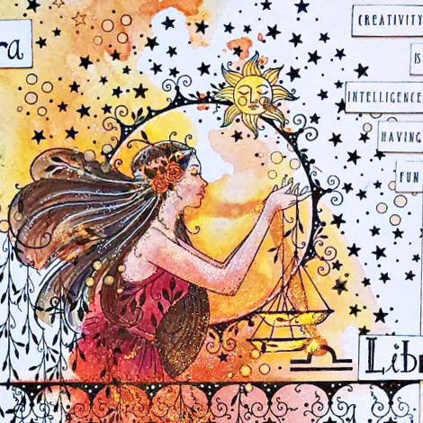 A Libra art journal spread with Pink Inks Astrology stamps - project idea by Lou Sims