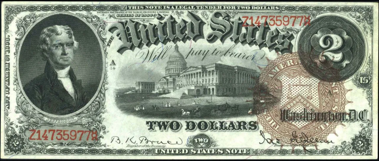 Банкнота 2 доллара 1880 года