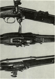 Breech views showing actions open on Leetch, Westley Richards, and Wilson rifles. Author doubts latter two were employed in War at all, while Leetch rifle may be hitherto unsuspected Yankee issue rifle. 