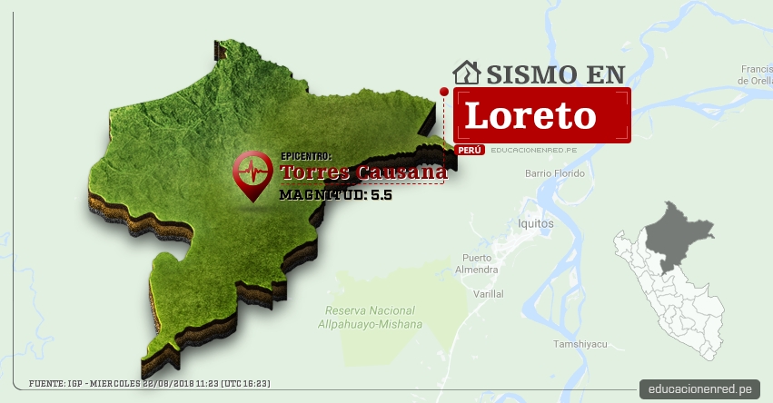 Temblor en Loreto de magnitud 5.5 (Hoy Miércoles 22 Agosto 2018) Sismo EPICENTRO Torres Causana - Cabo Pantoja - Maynas - IGP - www.igp.gob.pe
