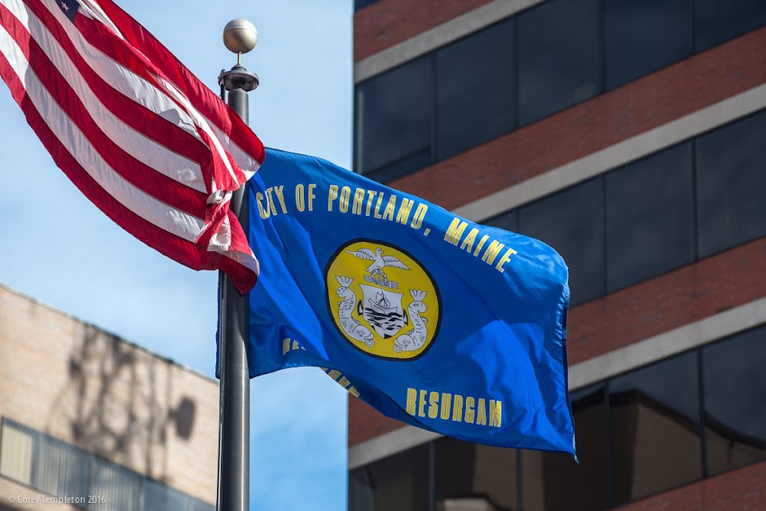 Current Portland, Maine USA City Flag photo by Corey Templeton. March 2016.