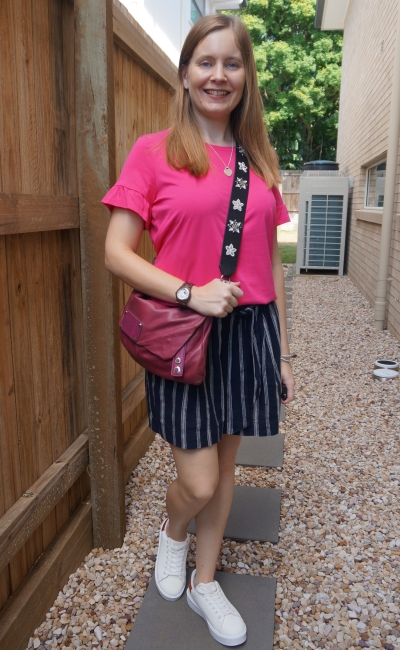 bright pink frill sleeve tee with navy stripe culotte shorts and chunky sneakers crossbody MbMJ bag | awayfromblue