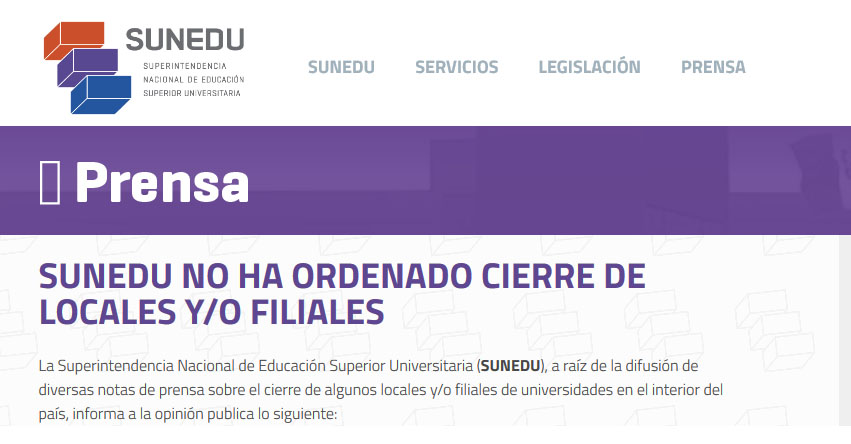 SUNEDU no ha ordenado cierre de locales y/o filiales de universidades en el interior del país - www.sunedu.gob.pe