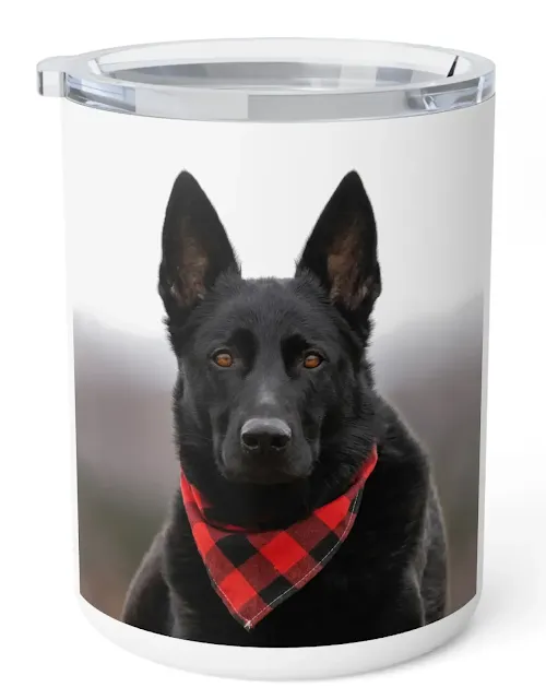 Insulated Stainless Steel Coffee Mug With Solid Black German Shepherd Wearing a Romal Lying on the Grass