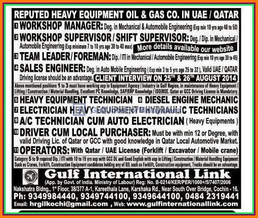 Reputed Heavy Equipment co Job Vacancies Oil & Gas for Qatar