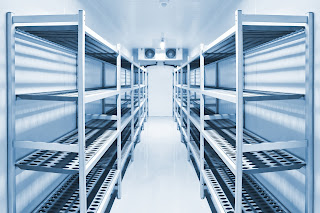 cold storage room interior with shelving and fan coil unit