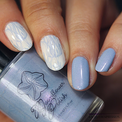 Swatches of a periwinkle blue stamping nail polish with pink shimmer by Moonflower Polish for the Le Petite Indies Spring It On! collaboration box
