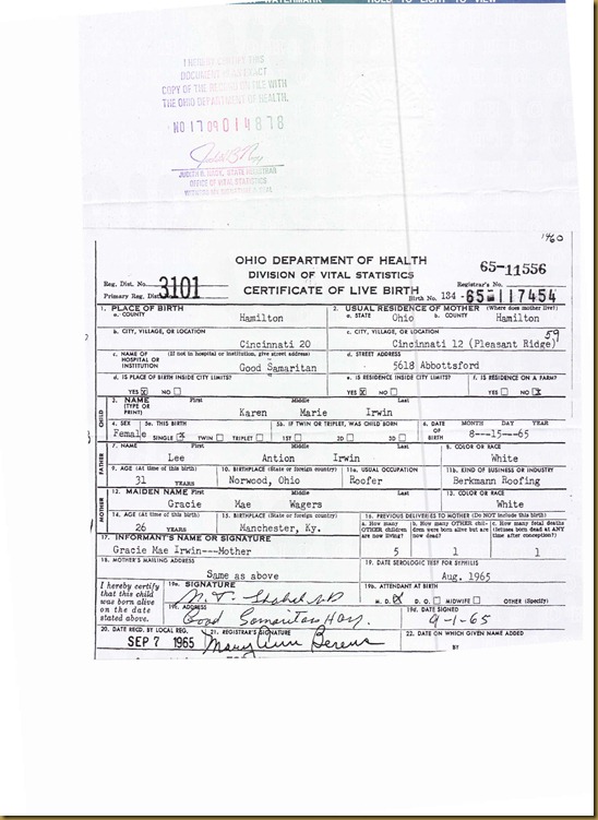 Karen Marie Irwin birthcert