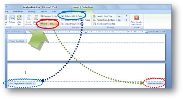 Gambar: Cara mengatur header dan footer  di Microsoft Word agar bisa berbeda di tiap halaman