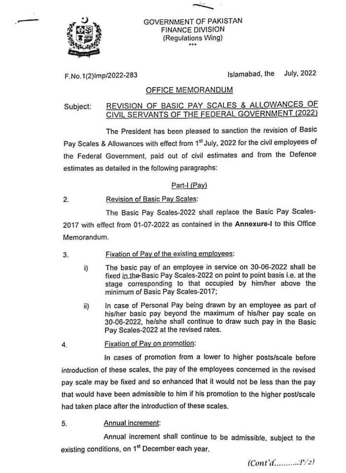 Revision of Basic Pay Scale and allowances of Civil servants of Federal Government.