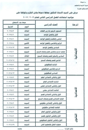 جدول مواعيد إمتحانات محافظة دمياط لجميع المراحل 2017 الترم الثانى (أخر العام)