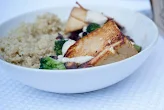 Veggie Stir-Fry with Tofu Wedges, Quinoa and Tahini Sauce