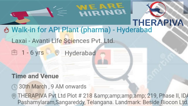 Therapiva | Walk-in interview for All Departments-API | 30 March 2019 | Hyderabad