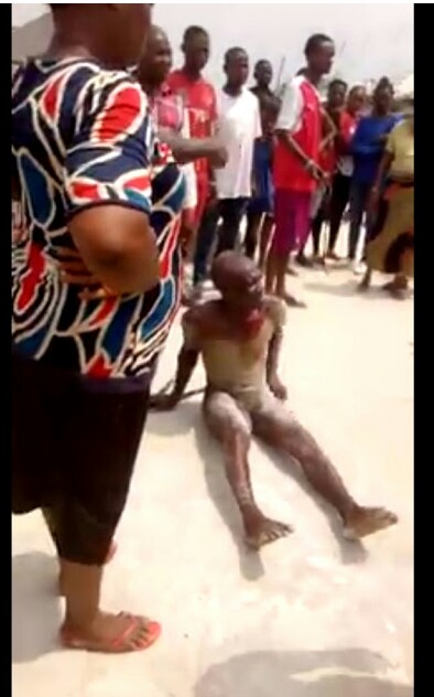 Photos: Man stripped naked and subjected to severe flogging before an angry crowd for raping 10-year-old girl in Bayelsa