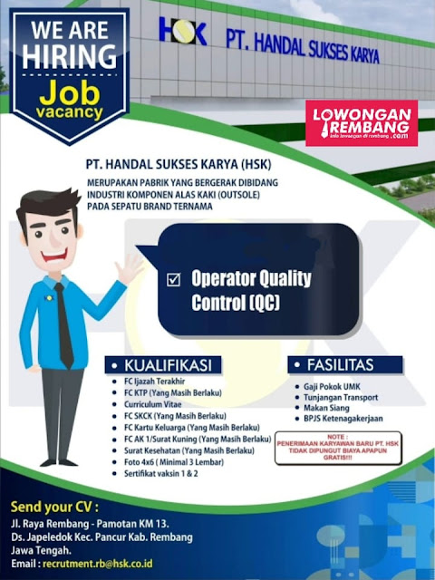 Lowongan Kerja Pria Pegawai Quality Control PT Handal Sukses Karya Pabrik Rembang