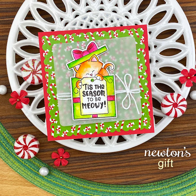 Cat Christmas Card by Jennifer Jackson | Newton's Gift Stamp Set, Christmas Time Paper Pad and Frames Squared Die Set by Newton's Nook Designs