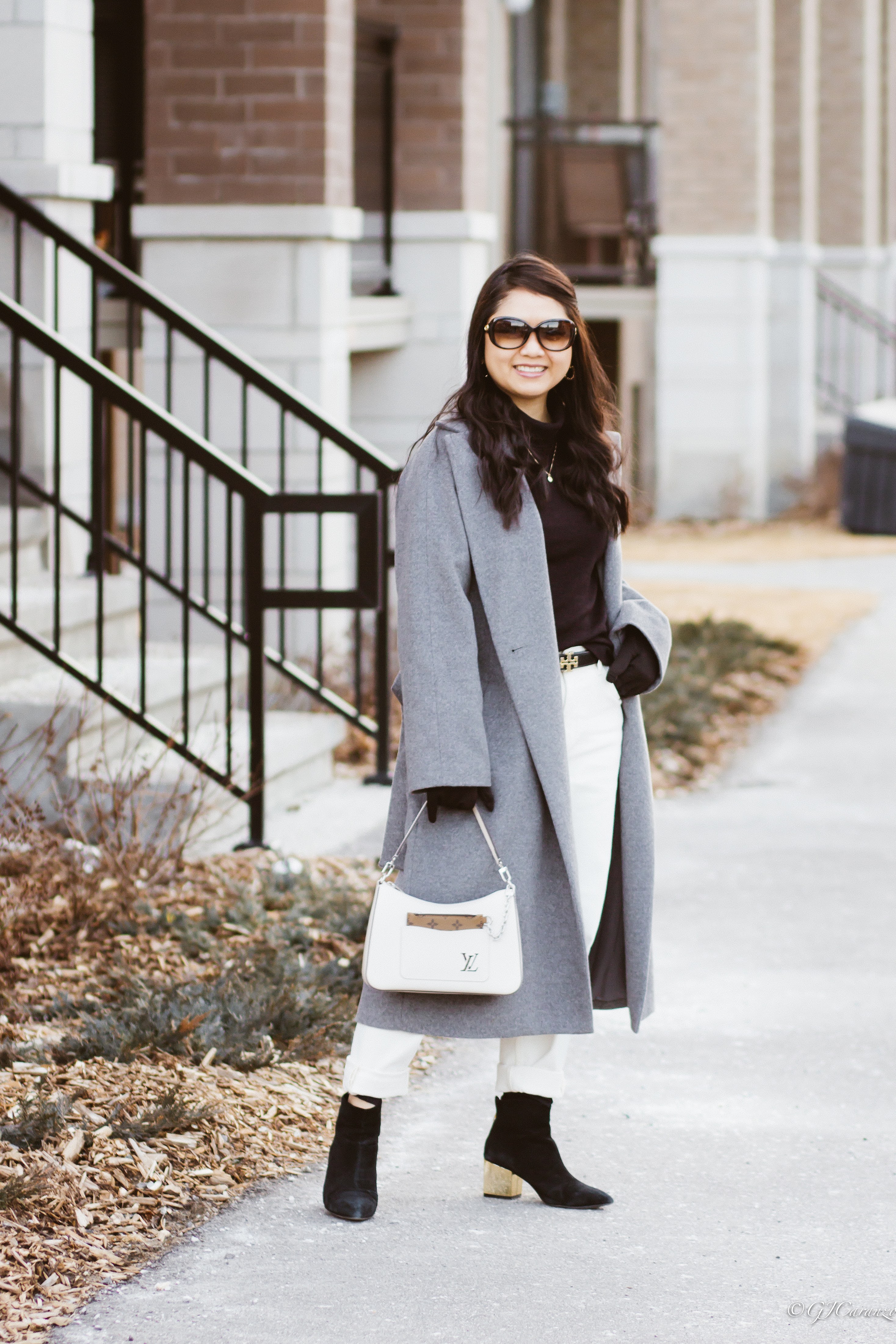 Uniqlo Long Gray Coat | Louis Vuitton Marelle Epi Leather Bag in Quartz | Mango White Jeans | Uniqlo Heattech Turtleneck | Gucci Sunglasses | Steve Madden Booties | Spring Outfit Idea | Petite Fashion