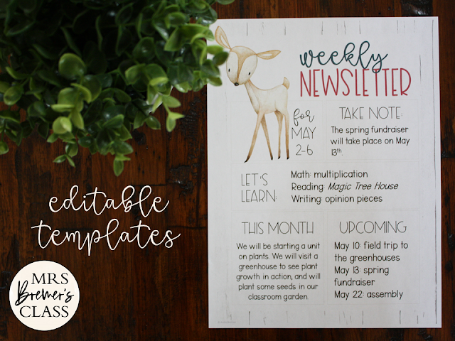 Class Newsletters editable templates for parent communication, classroom news, learning & notes with a Woodland Animal theme & shiplap background