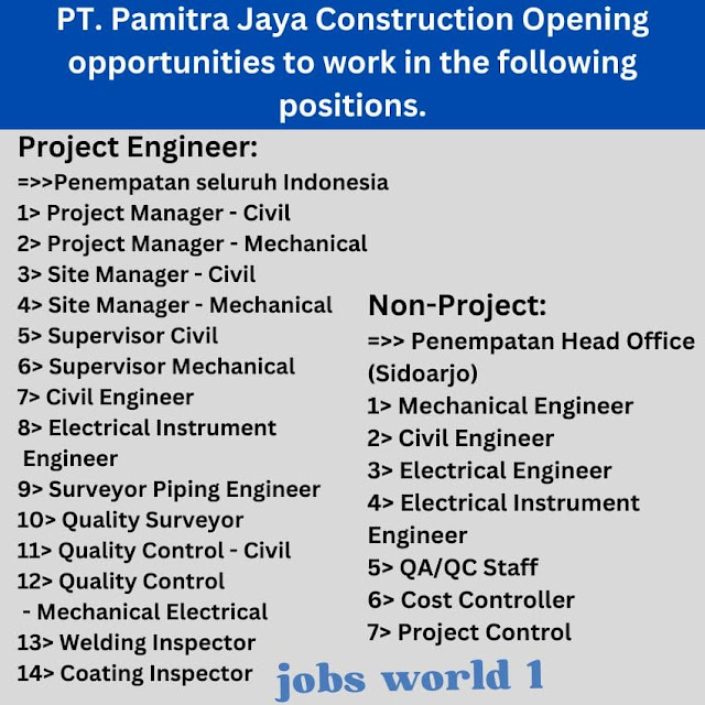 PT. Pamitra Jaya Construction Opening opportunities to work in the following positions.