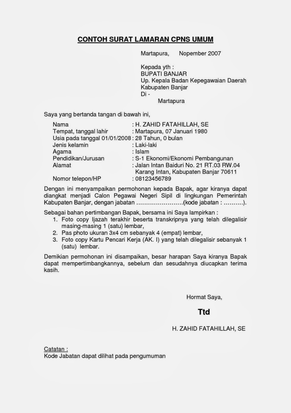 CONTOH SURAT LAMARAN KERJA YANG BAIK BENAR SESUAI EYD 