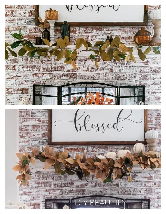 magnolia garland before and after adding paper bag leaves