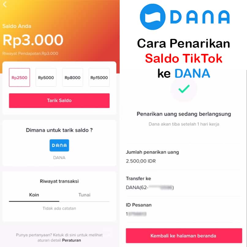 cara penarikan saldo tiktok ke dana rekening