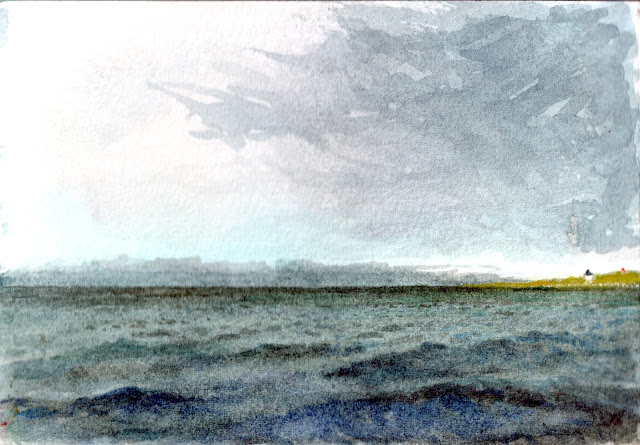 Watercolor sketch of choppy waves under pearlescent sky with gray clouds.