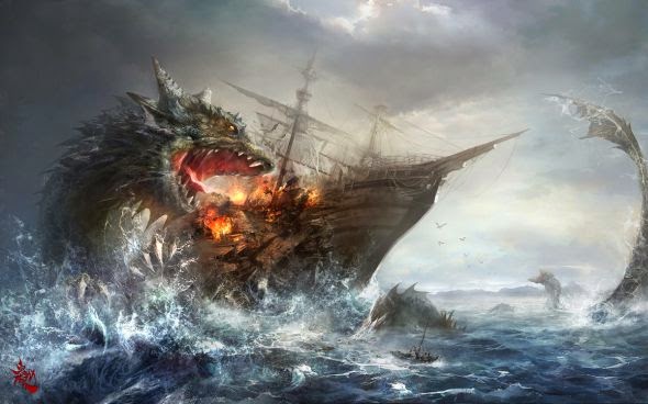 guicaimumu chinese artist illustrations fantasy card games Sea monster attacking ship