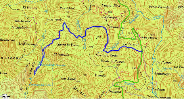 Topographic map of Beech Forest and Waterfall Xiblo Montegrande - Teverga - Asturias