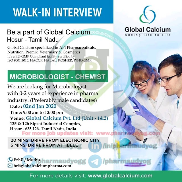 Global calcium | Walk-in for Microbiologist on 2 Jan 2020 | Pharma Jobs in Hosur