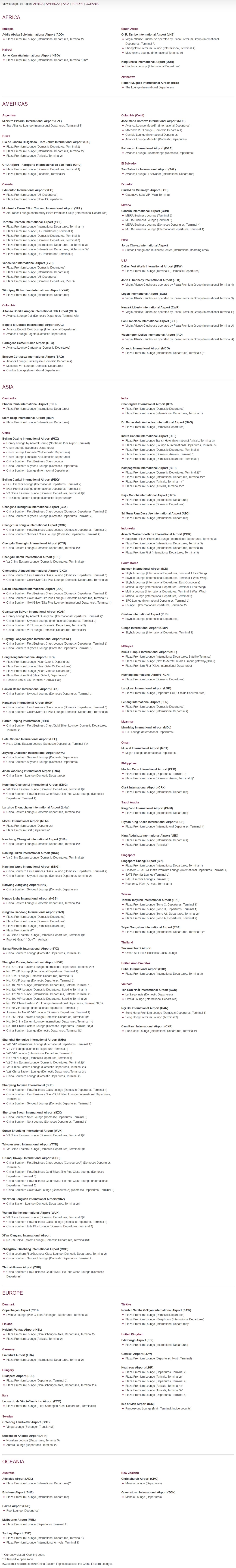 รายชื่อ Plaza Premium Lounge - UnionPay