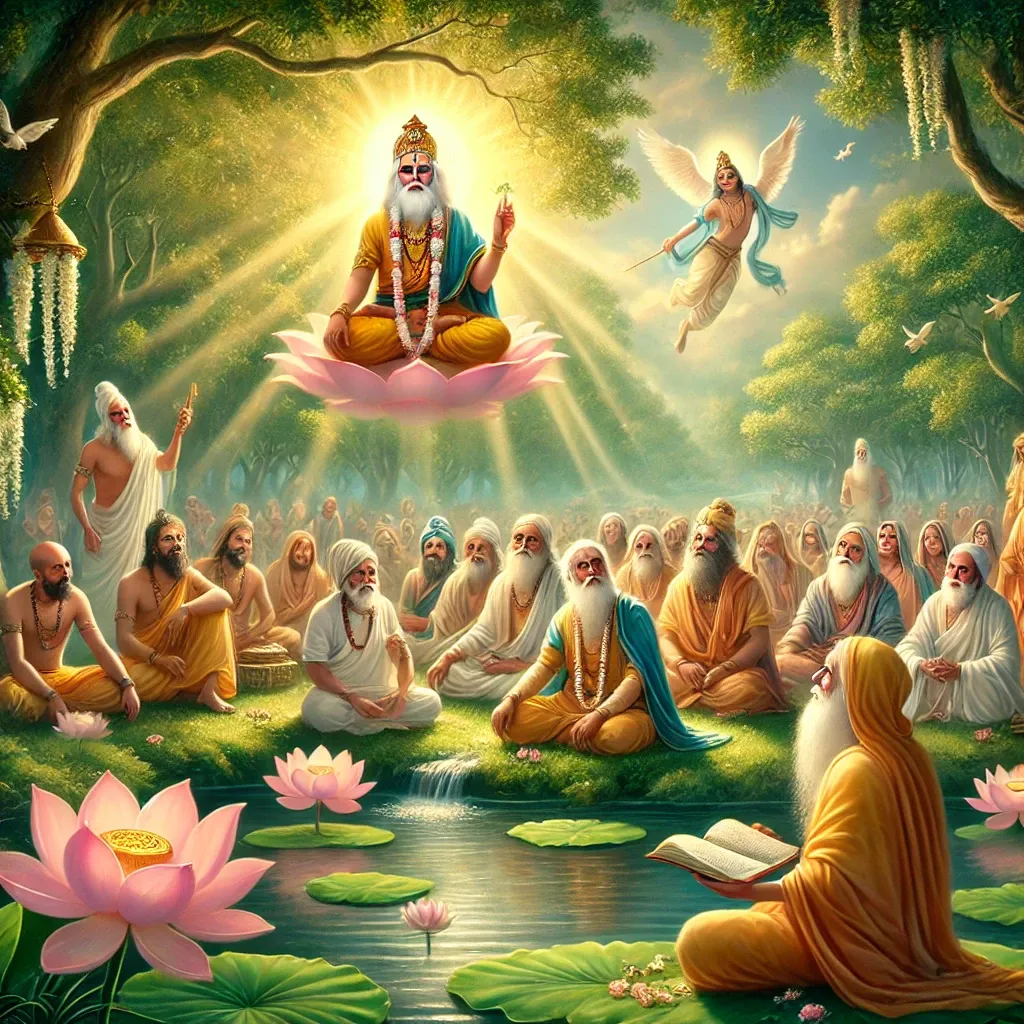 भागवत माहात्म्य पद्म पुराण षष्टम अध्याय। यह चित्र पद्म पुराण के षष्टम अध्याय में वर्णित भागवत माहात्म्य को दर्शाता है।