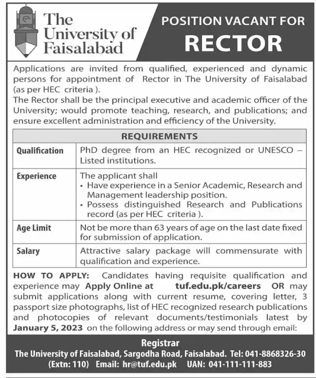 The University of Faisalabad TUF Jobs 2022-23 | Online Form www.tuf.edu.pk