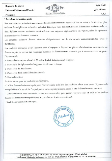 Concours Mohammed Premier Université Oujda 2022 (48 jobs)