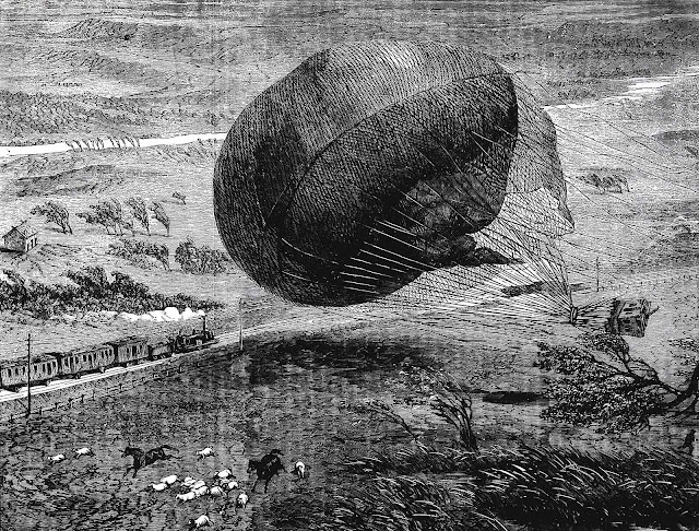 an 1864 balloon train accident, detailed illustration from a birdseye view