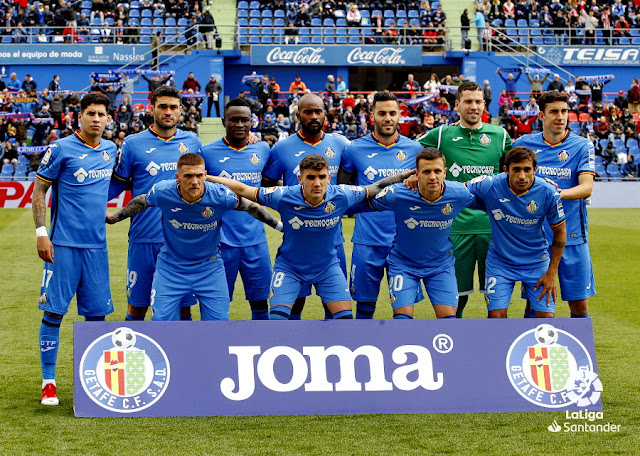 GETAFE C. F. Temporada 2018-19. Mathias Olivera, Jaime Molina, Djené, Foulquier, Bruno, David Soria y Jaime Mata; Antunes, Arambarri, Maksimovic y Damián Suárez. GETAFE C. F. 1 ATHLETIC CLUB DE BILBAO 0. 07/04/2019. Campeonato de Liga de 1ª División, jornada 31. Getafe, Madrid, Coliseum Alfonso Pérez (11.617 espectadores). GOLES: 1-0: 78’, Ángel.