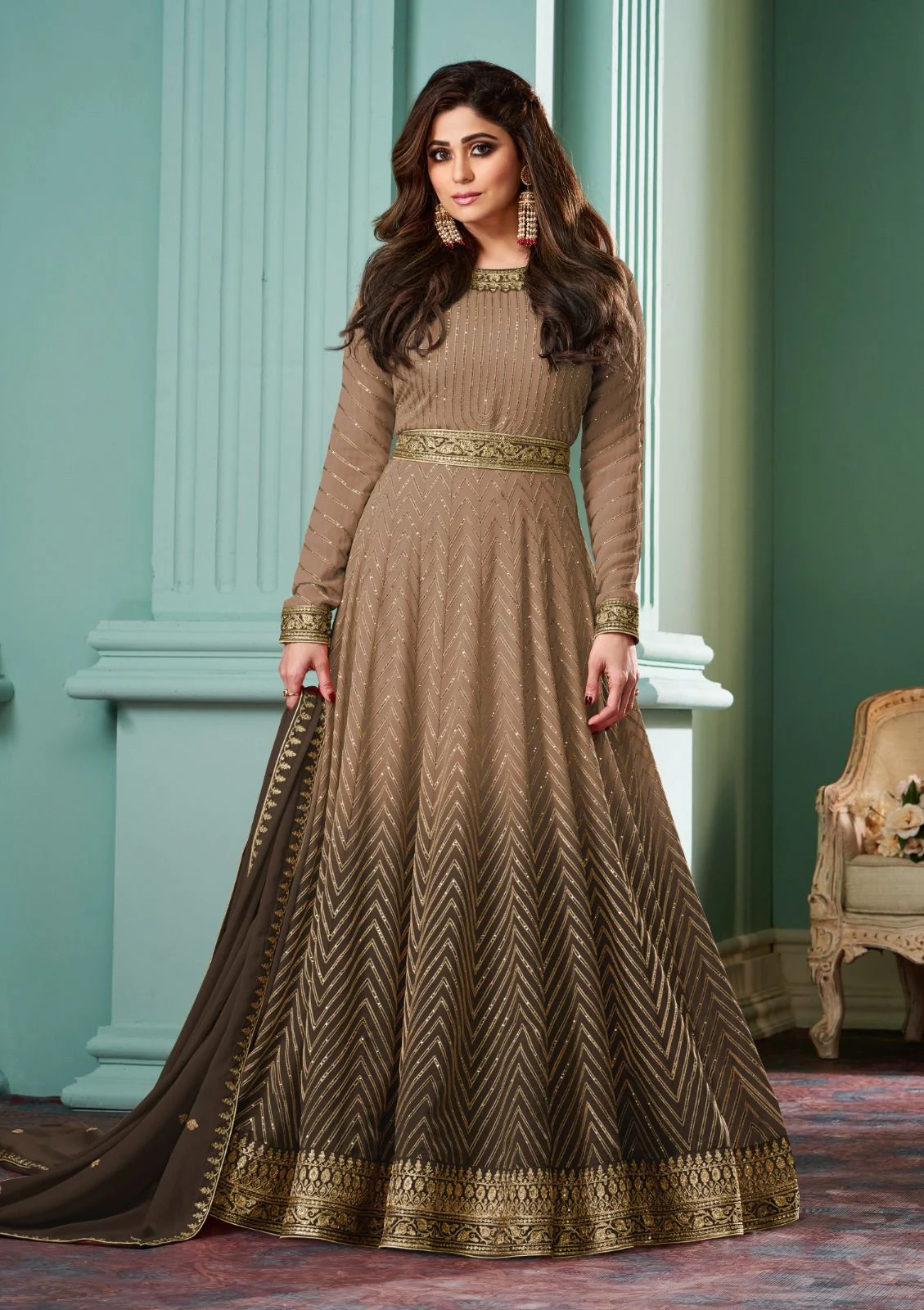 Alizza Shaded Colors Aashirwad Creation Georgette Gown Dupatta Set
