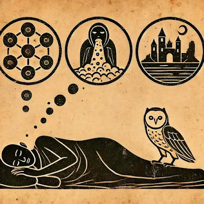 "A minimalist, ancient-style illustration of a sleeping figure with dream bubbles showing symbols like gold/silver, an owl, and a ruined village, representing early dreaming signs of death."