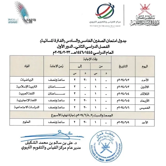 جدول امتحانات الصف الخامس والسادس سلطنة عمان 2024 الفترة المسائية