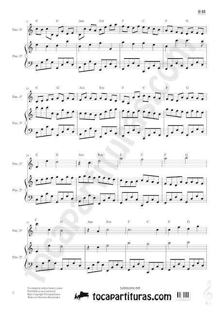 Hoja 2 Canon de Pachelbel para Piano en Do Mayor Partitura a dos manos. El arreglo lleva la Melodía a dos voces adaptada junto al acompañamiento fácil. Pianists Sheet Music for 2 Piano in C (easy accompaniment) by Pachelbel