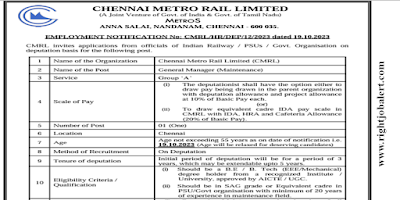 General Manager - Maintenance EEE or Mechanical Engineering Jobs in Chennai Metro Rail Limited