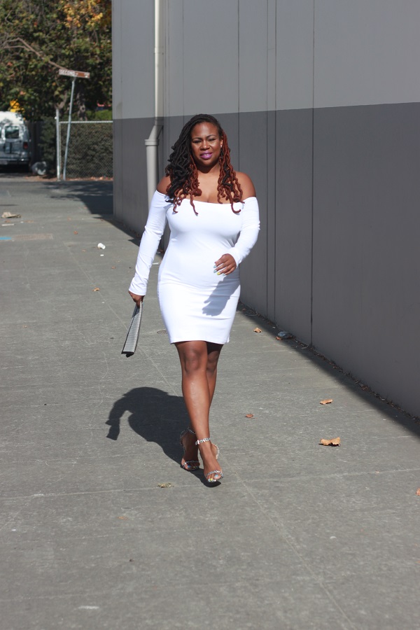 plus size fashion bloggers, ASOS off shoulder white knee length dress, black and white polka dot shoes, Verity Justfab Shoes, hounds tooth DIY Clutch, 