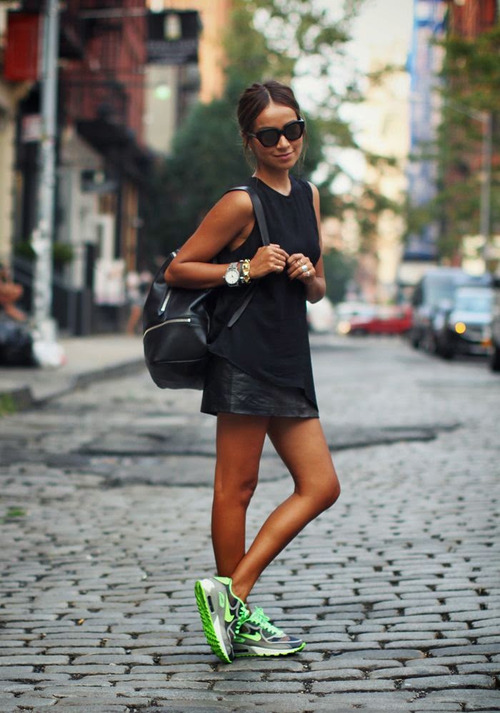 black dress with neon shoes